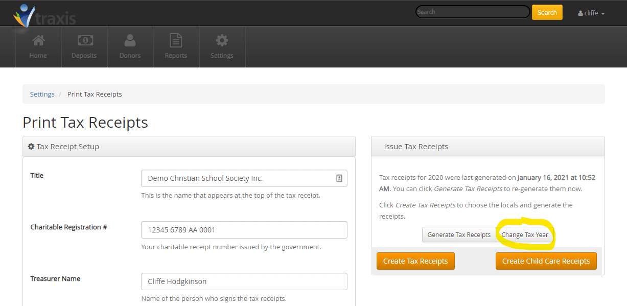 The Settings menu with Print Tax Receipts selected and the Change Tax Year button