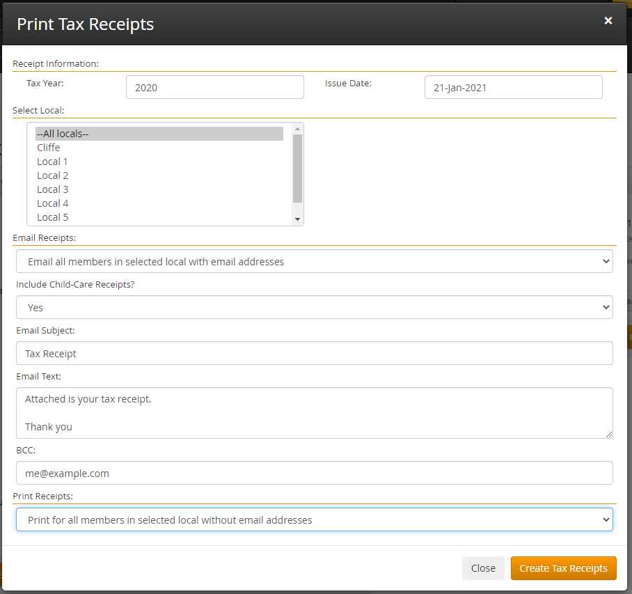 The Create Tax Receipts form