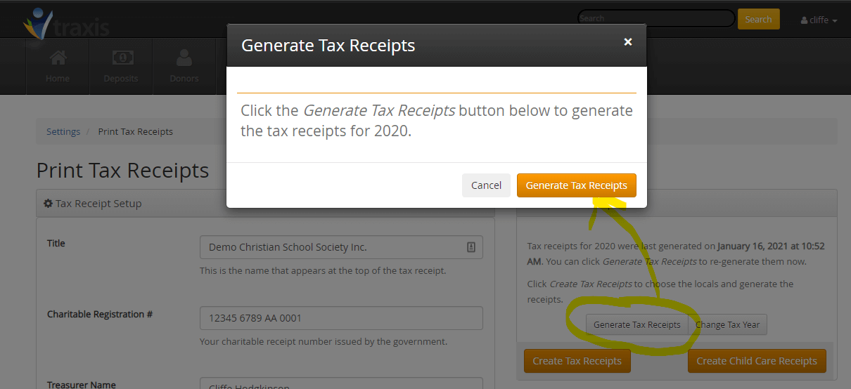 The Generate Tax Receipts screen