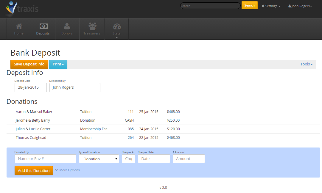 A bank deposit entry in Traxis listing member donations