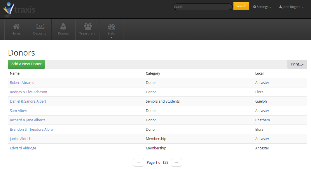 The Traxis donor list, showing donors by category and local