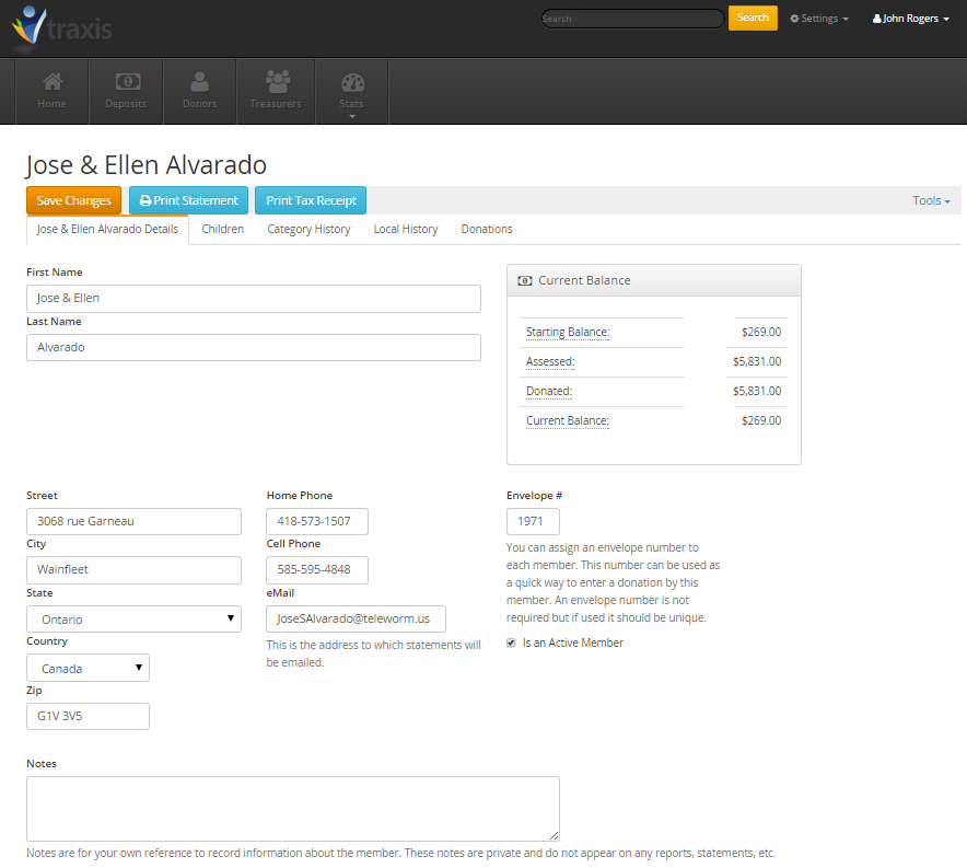 A donor record in Traxis showing contact details and giving history